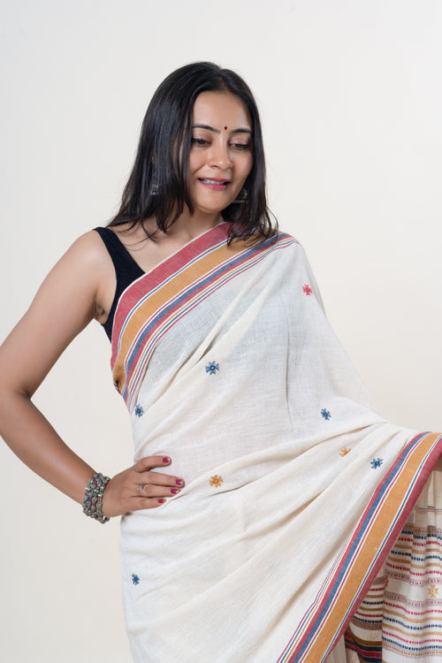 Cream-White Bhujodi Handwoven Kala Cotton Saree with Multi-colored Motifs