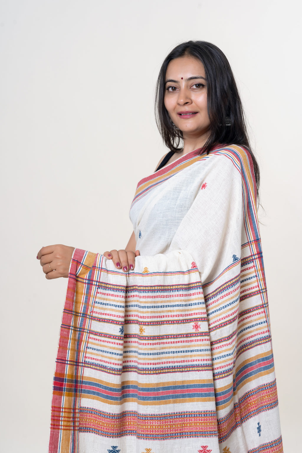 Cream-White Bhujodi Handwoven Kala Cotton Saree with Multi-colored Motifs