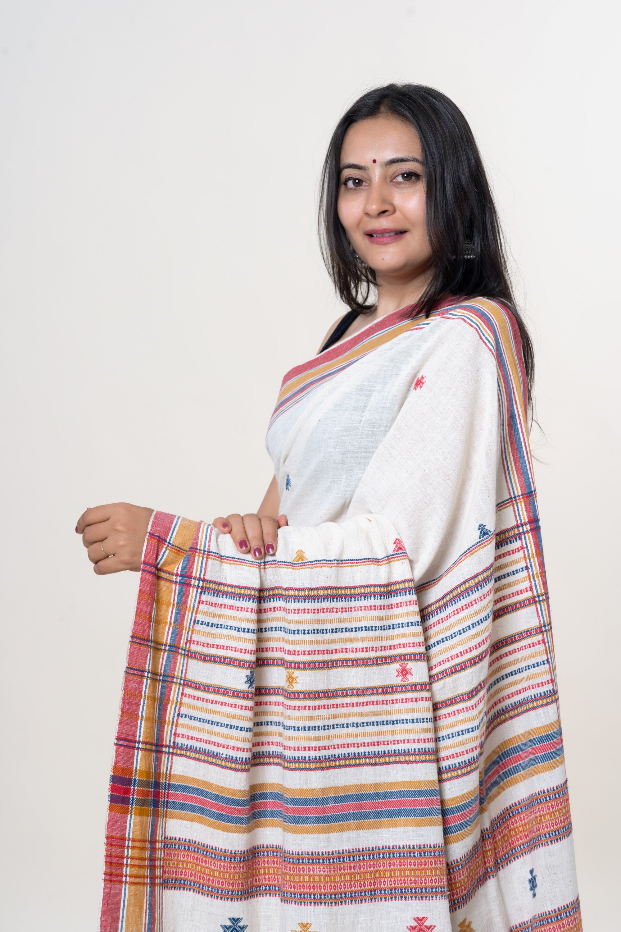 Cream-White Bhujodi Handwoven Kala Cotton Saree with Multi-colored Motifs