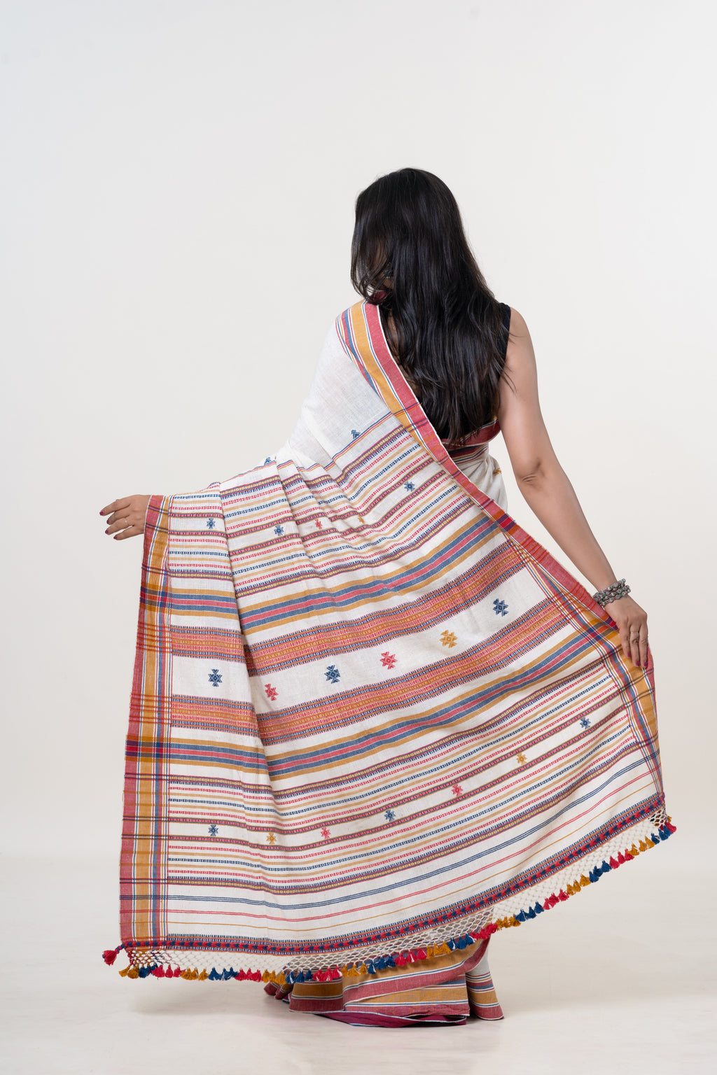 Cream-White Bhujodi Handwoven Kala Cotton Saree with Multi-colored Motifs