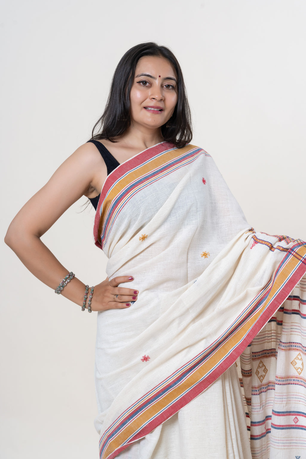 Cream-White Bhujodi Handwoven Kala Cotton Saree with Multi-colored Motifs