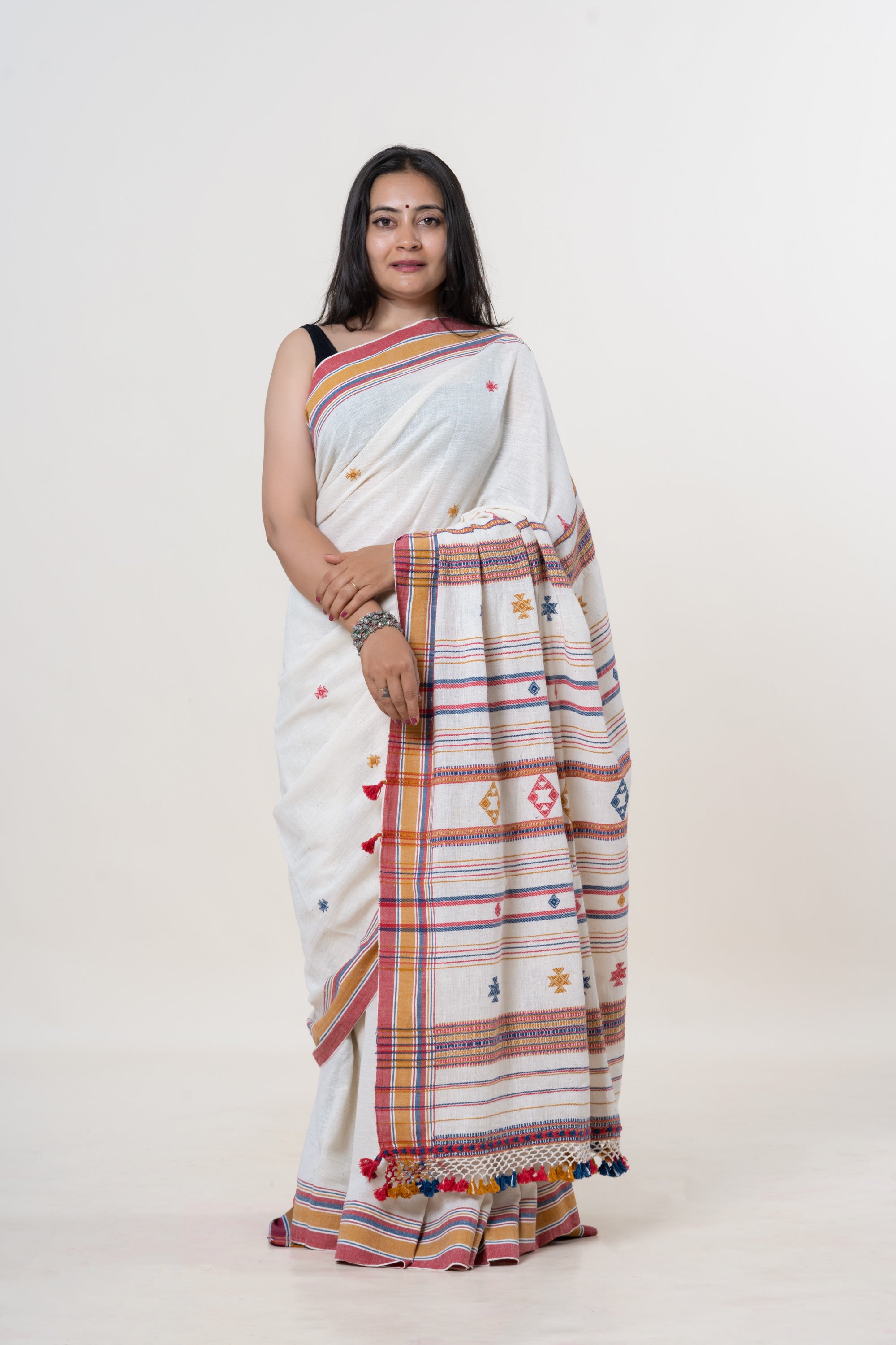 Cream-White Bhujodi Handwoven Kala Cotton Saree with Multi-colored Motifs