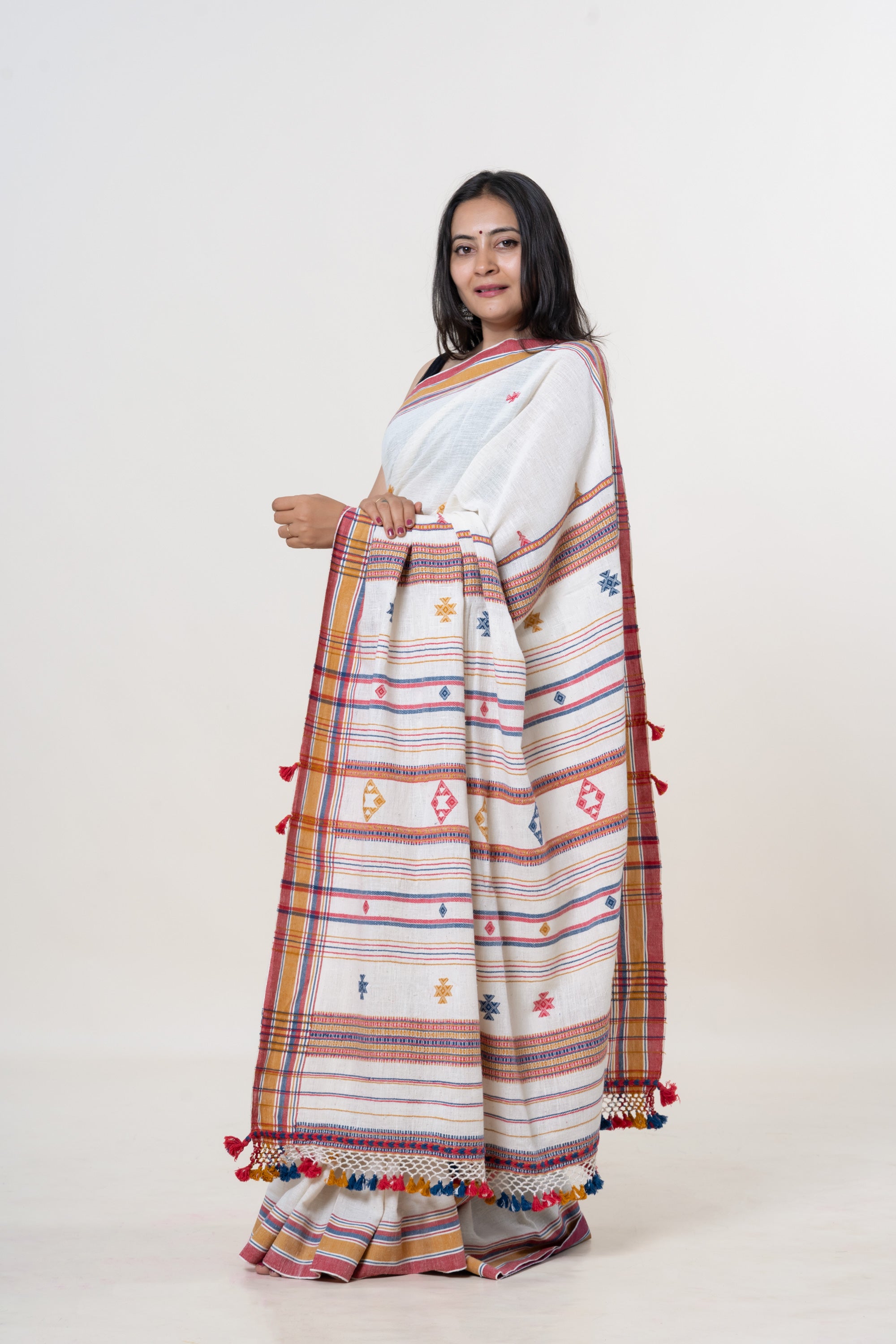Cream-White Bhujodi Handwoven Kala Cotton Saree with Multi-colored Motifs