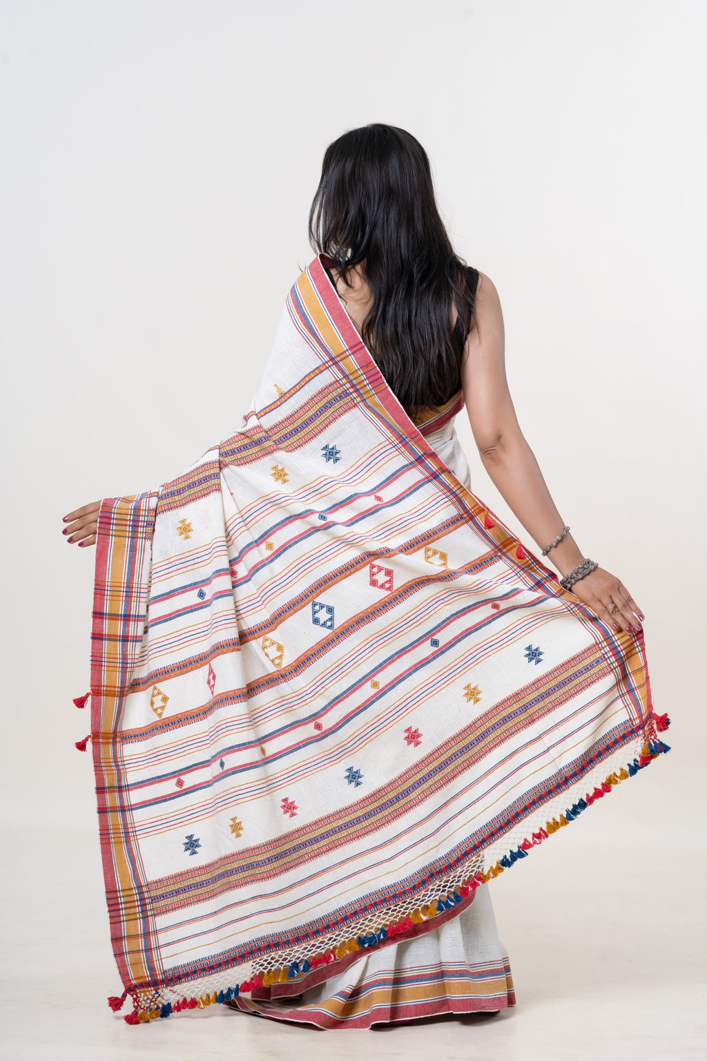 Cream-White Bhujodi Handwoven Kala Cotton Saree with Multi-colored Motifs
