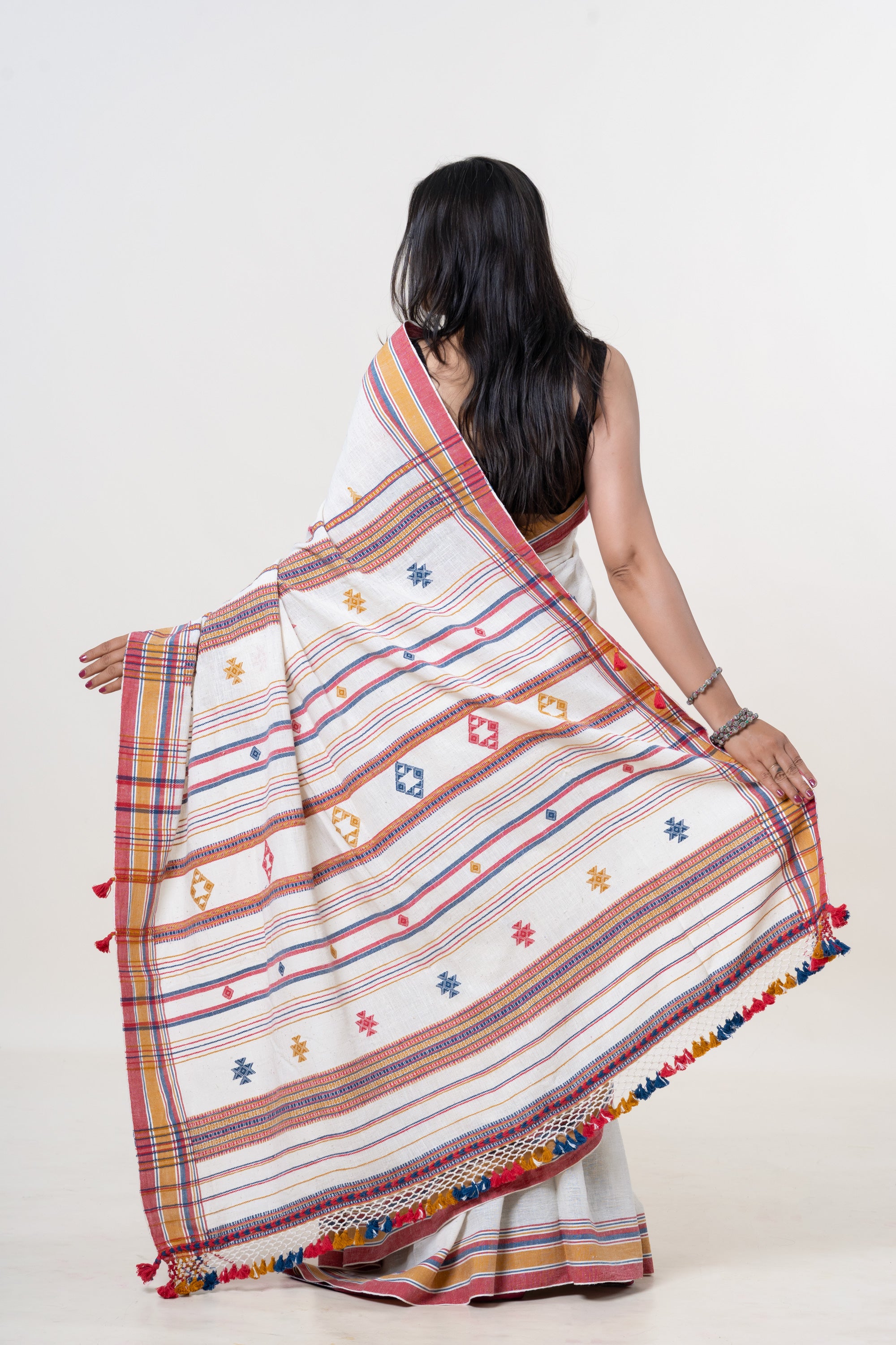 Cream-White Bhujodi Handwoven Kala Cotton Saree with Multi-colored Motifs