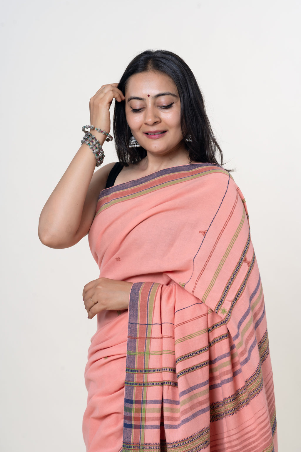 Peach Pink Bhujodi Handwoven Kala Cotton Saree with Multi-colored Motifs