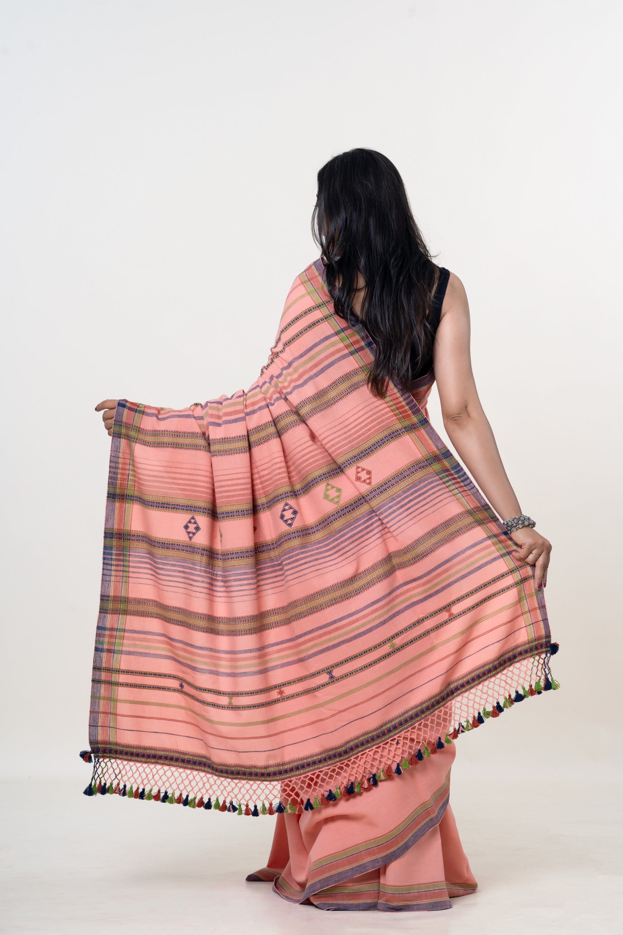 Peach Pink Bhujodi Handwoven Kala Cotton Saree with Multi-colored Motifs