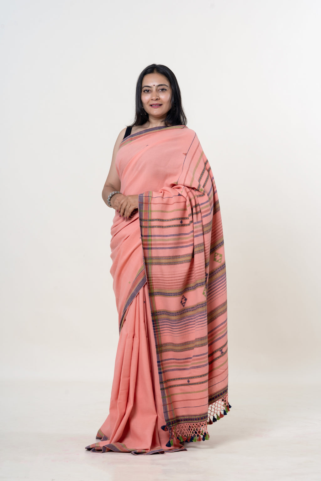 Peach Pink Bhujodi Handwoven Kala Cotton Saree with Multi-colored Motifs