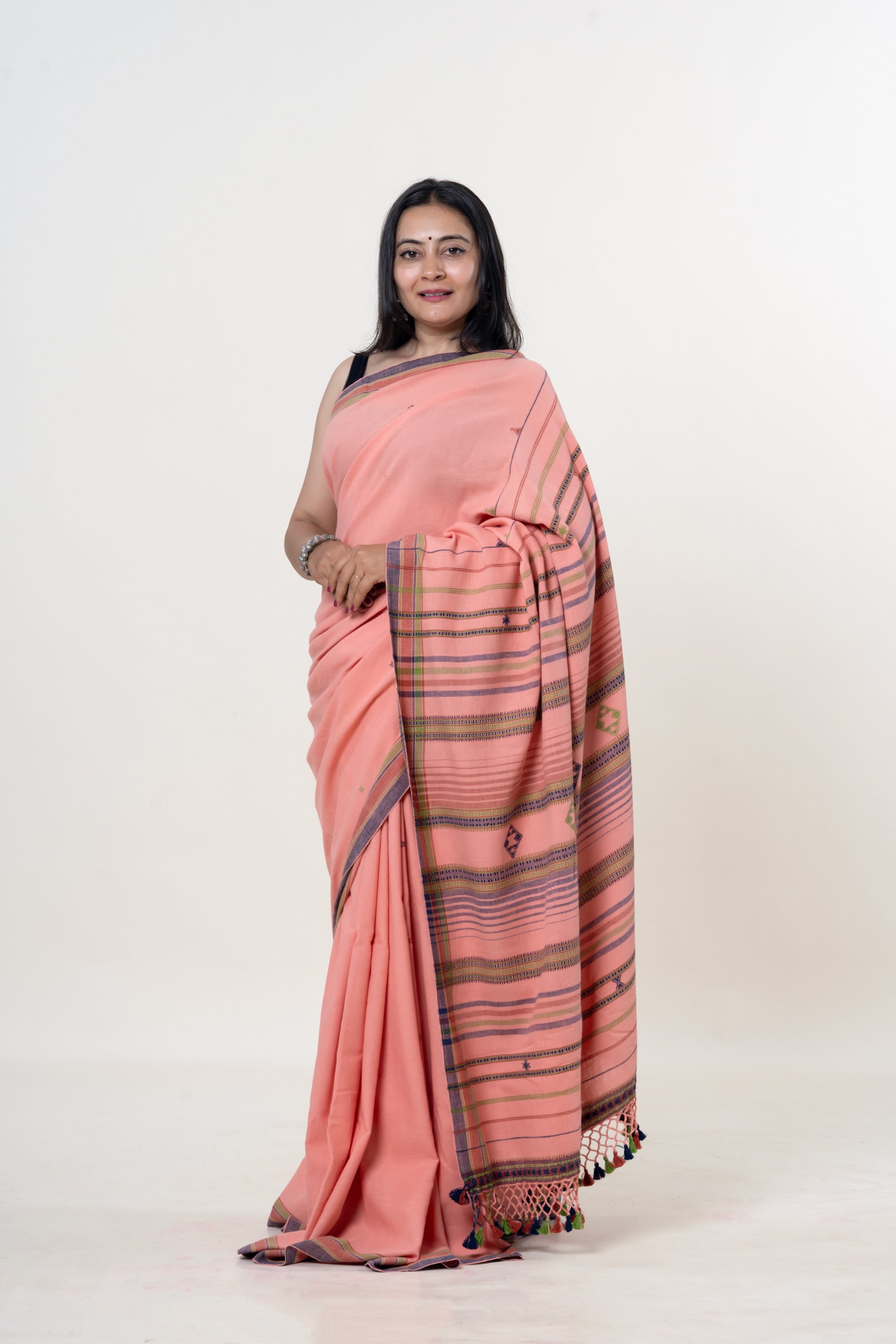 Peach Pink Bhujodi Handwoven Kala Cotton Saree with Multi-colored Motifs