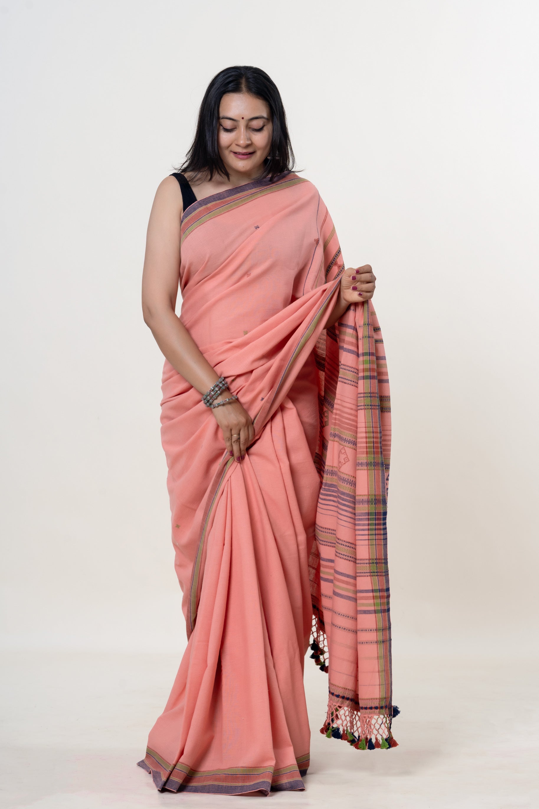 Peach Pink Bhujodi Handwoven Kala Cotton Saree with Multi-colored Motifs