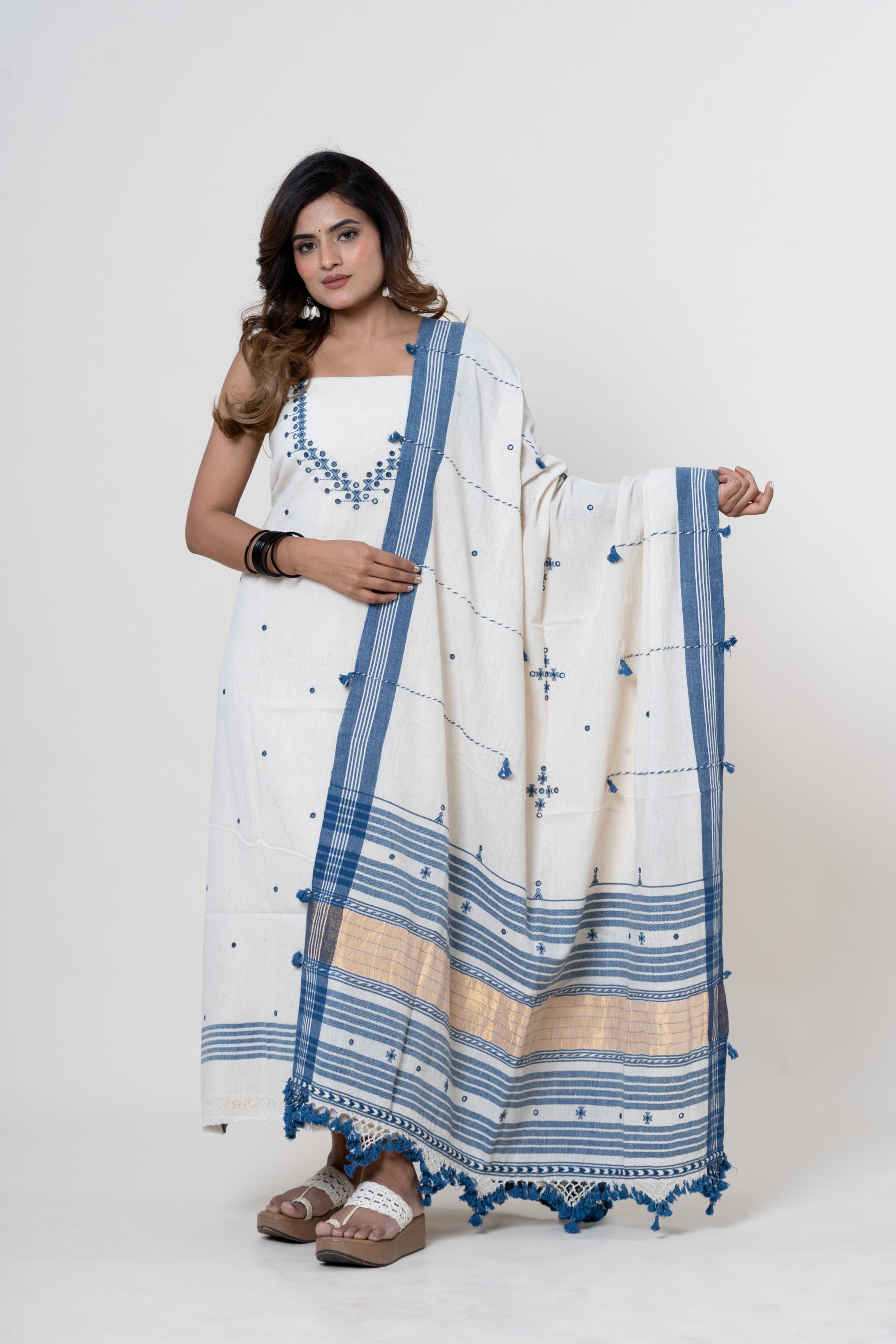 Natural Off-White Bhujodi Handloom Kala Cotton 3PC Unstitched Dress/Suit Material with Indigo Blue Accents