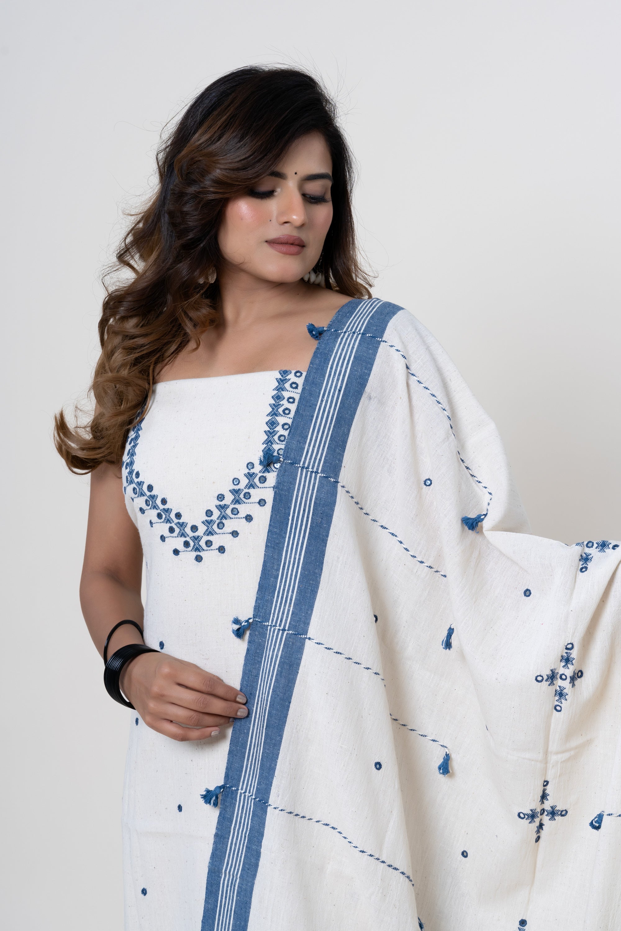 Natural Off-White Bhujodi Handloom Kala Cotton 3PC Unstitched Dress/Suit Material with Indigo Blue Accents
