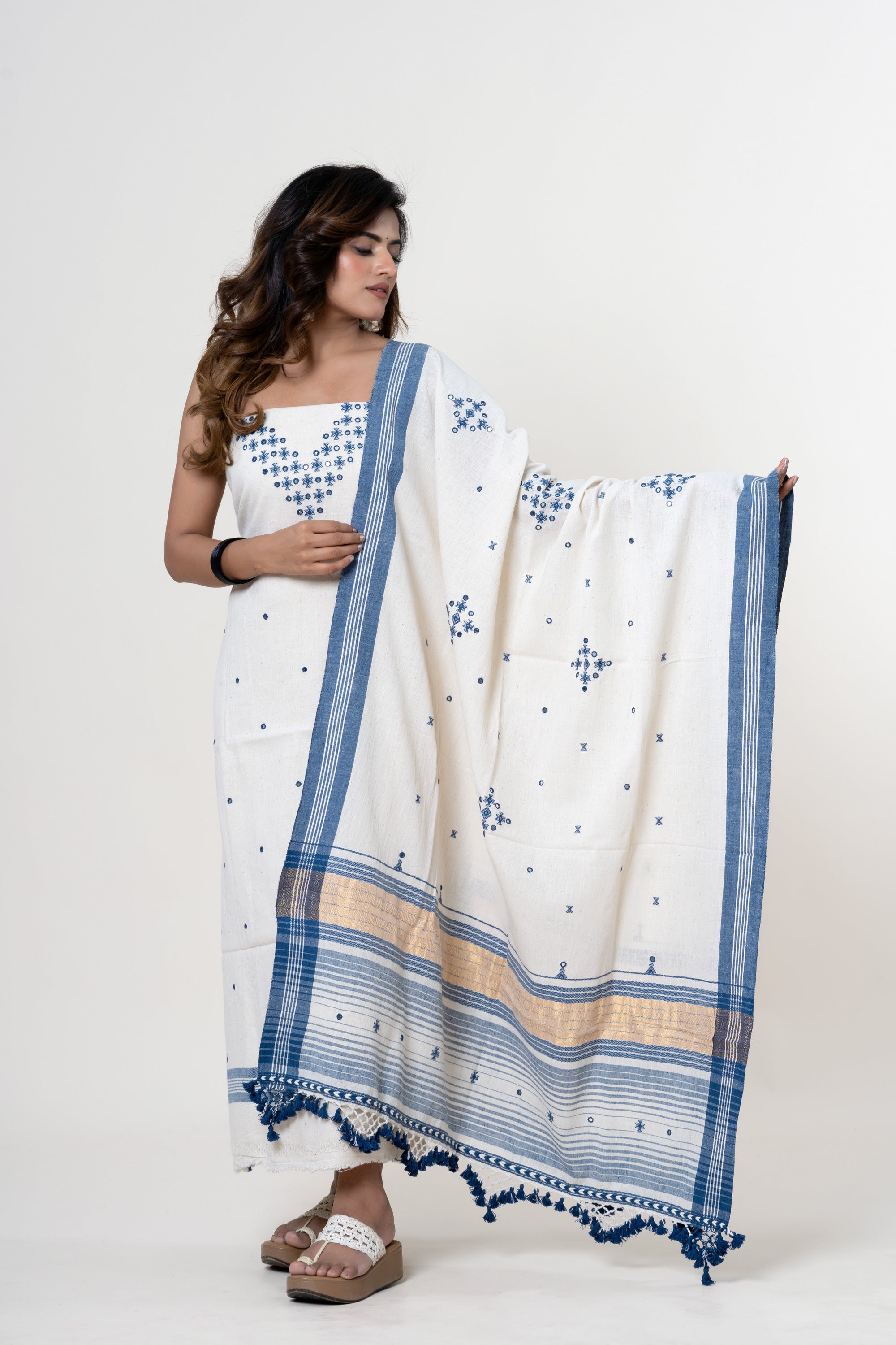 Natural Off-White Bhujodi Handloom Kala Cotton 3PC Unstitched Dress/Suit Material with Indigo Blue Accents