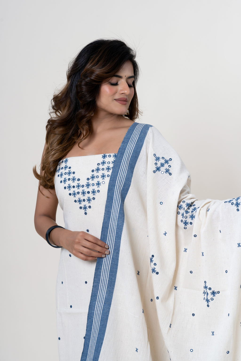 Natural Off-White Bhujodi Handloom Kala Cotton 3PC Unstitched Dress/Suit Material with Indigo Blue Accents
