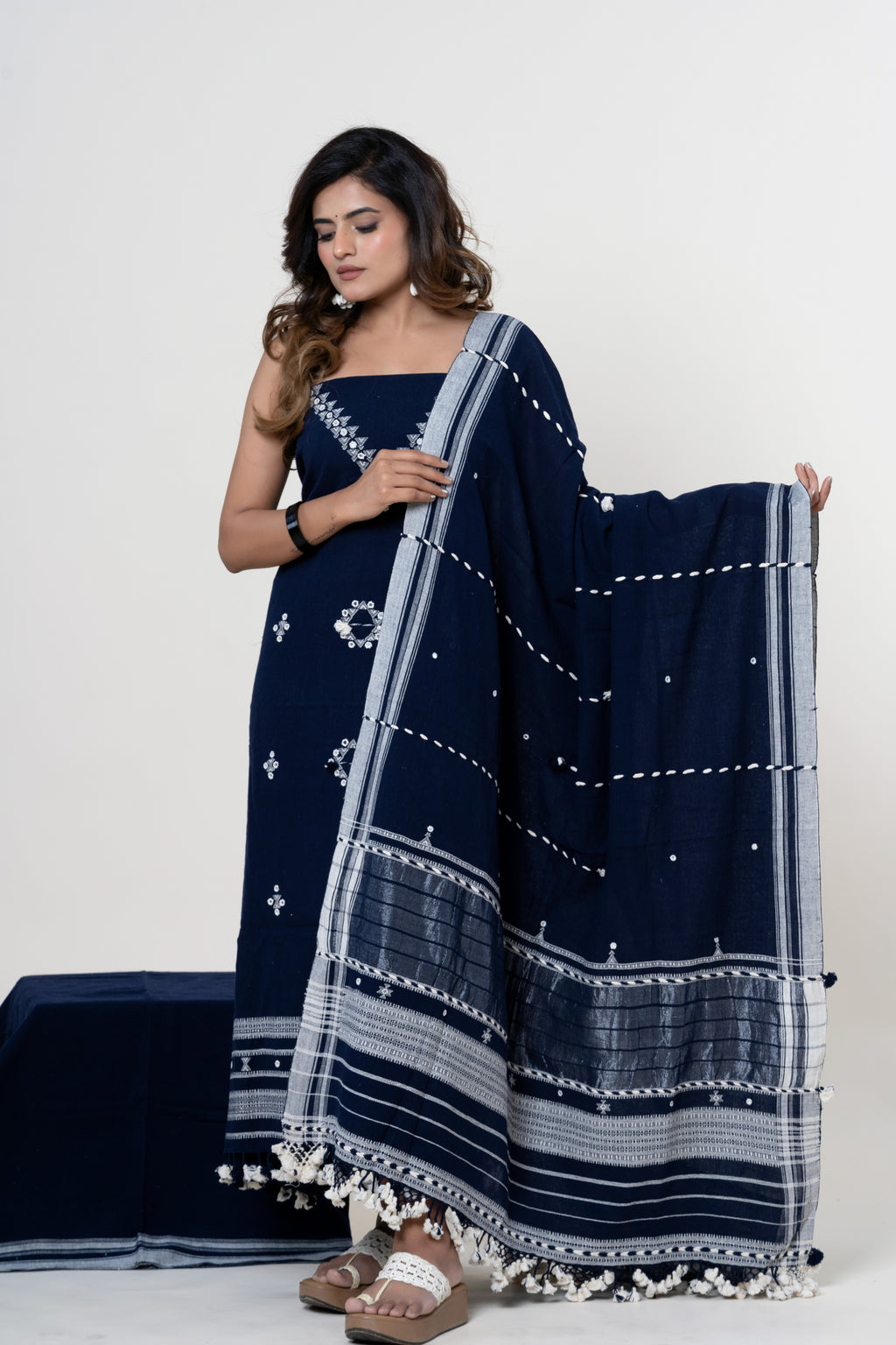 Midnight Indigo Blue Bhujodi Handloom Kala Cotton 3PC Unstitched Dress/Suit Material with White Accents