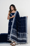 Midnight Indigo Blue Bhujodi Handloom Kala Cotton 3PC Unstitched Dress/Suit Material with White Accents