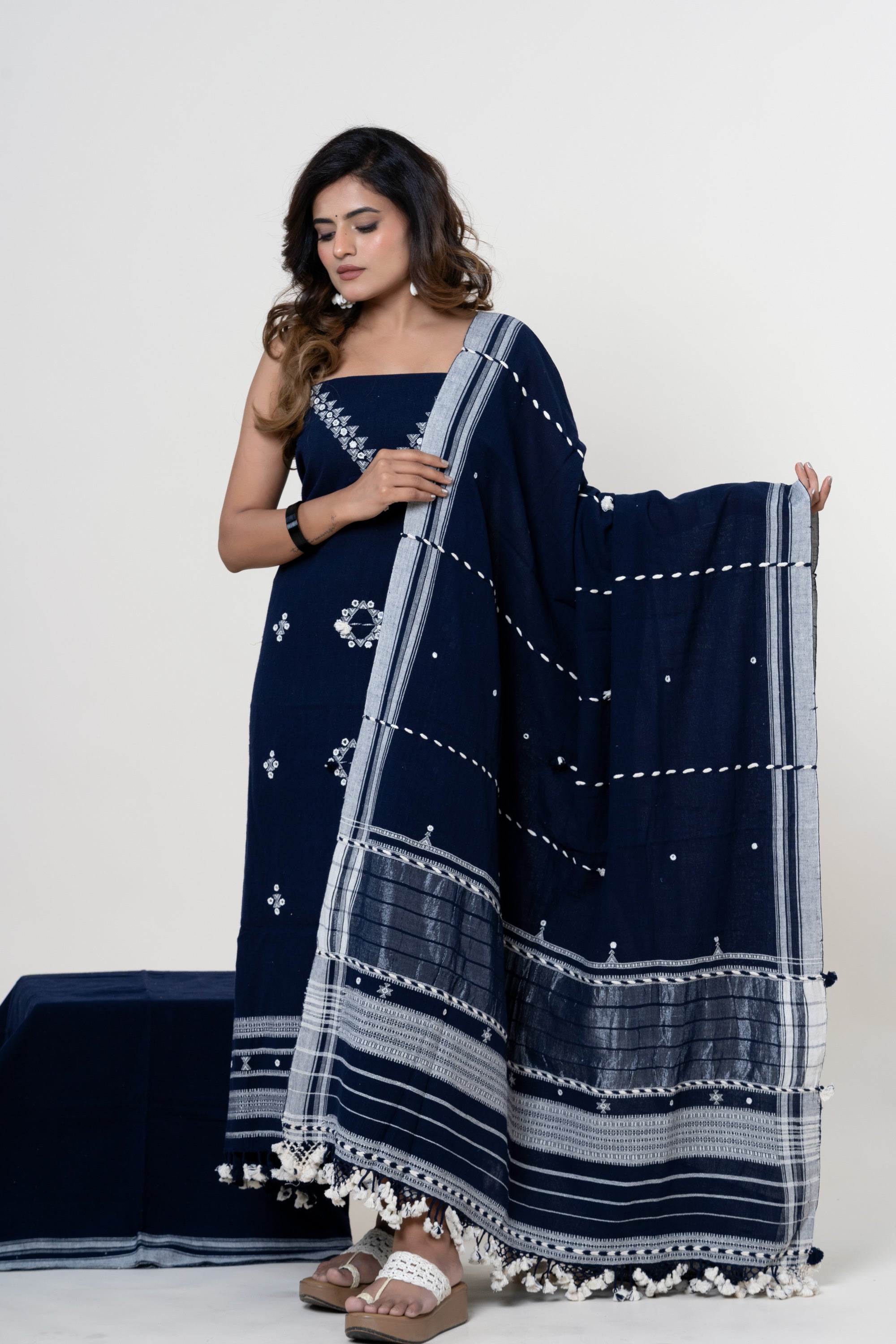 Midnight Indigo Blue Bhujodi Handloom Kala Cotton 3PC Unstitched Dress/Suit Material with White Accents