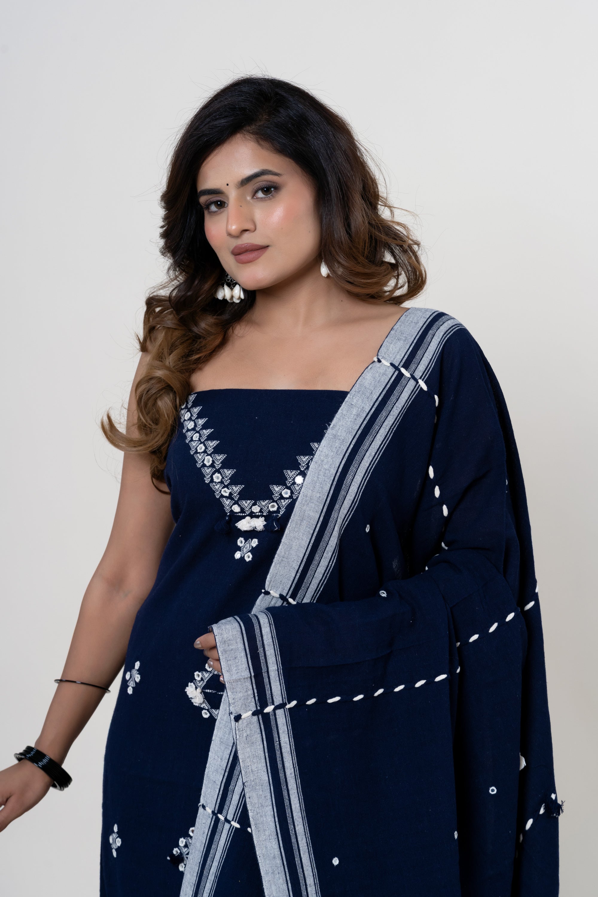 Midnight Indigo Blue Bhujodi Handloom Kala Cotton 3PC Unstitched Dress/Suit Material with White Accents