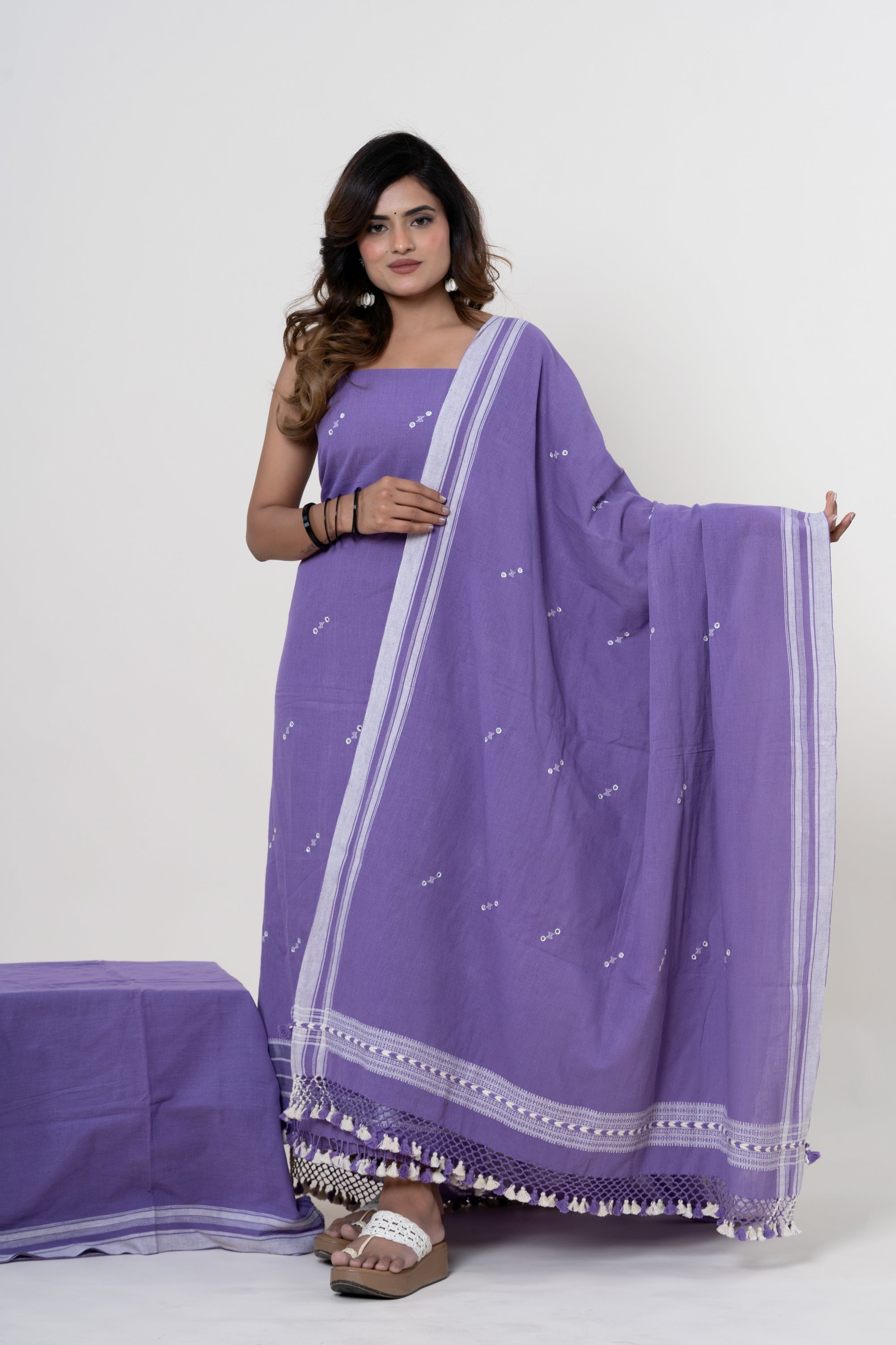 Lavender-Mauve Bhujodi Handloom Kala Cotton 3PC Unstitched Dress/Suit Material with White Accents