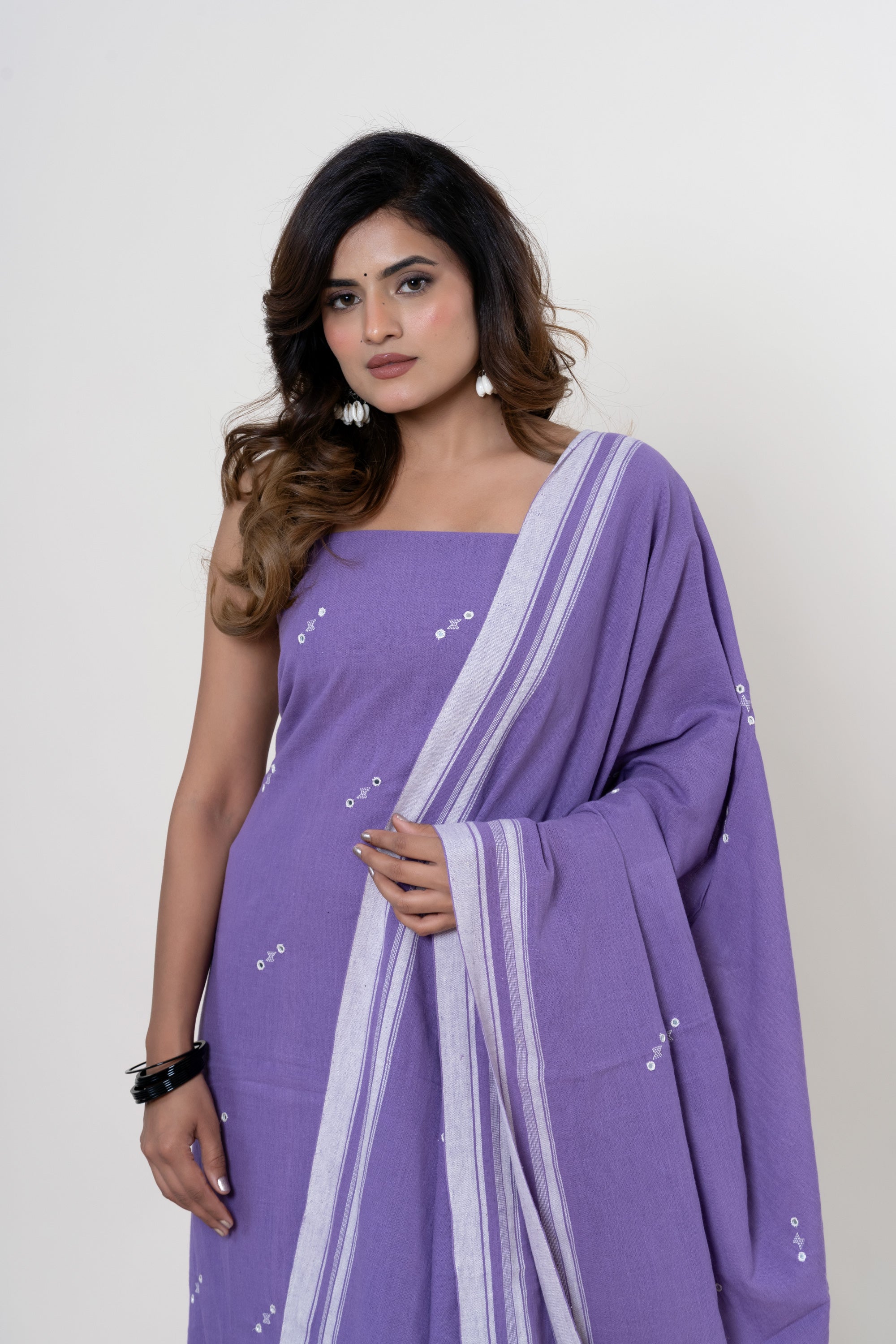 Lavender-Mauve Bhujodi Handloom Kala Cotton 3PC Unstitched Dress/Suit Material with White Accents