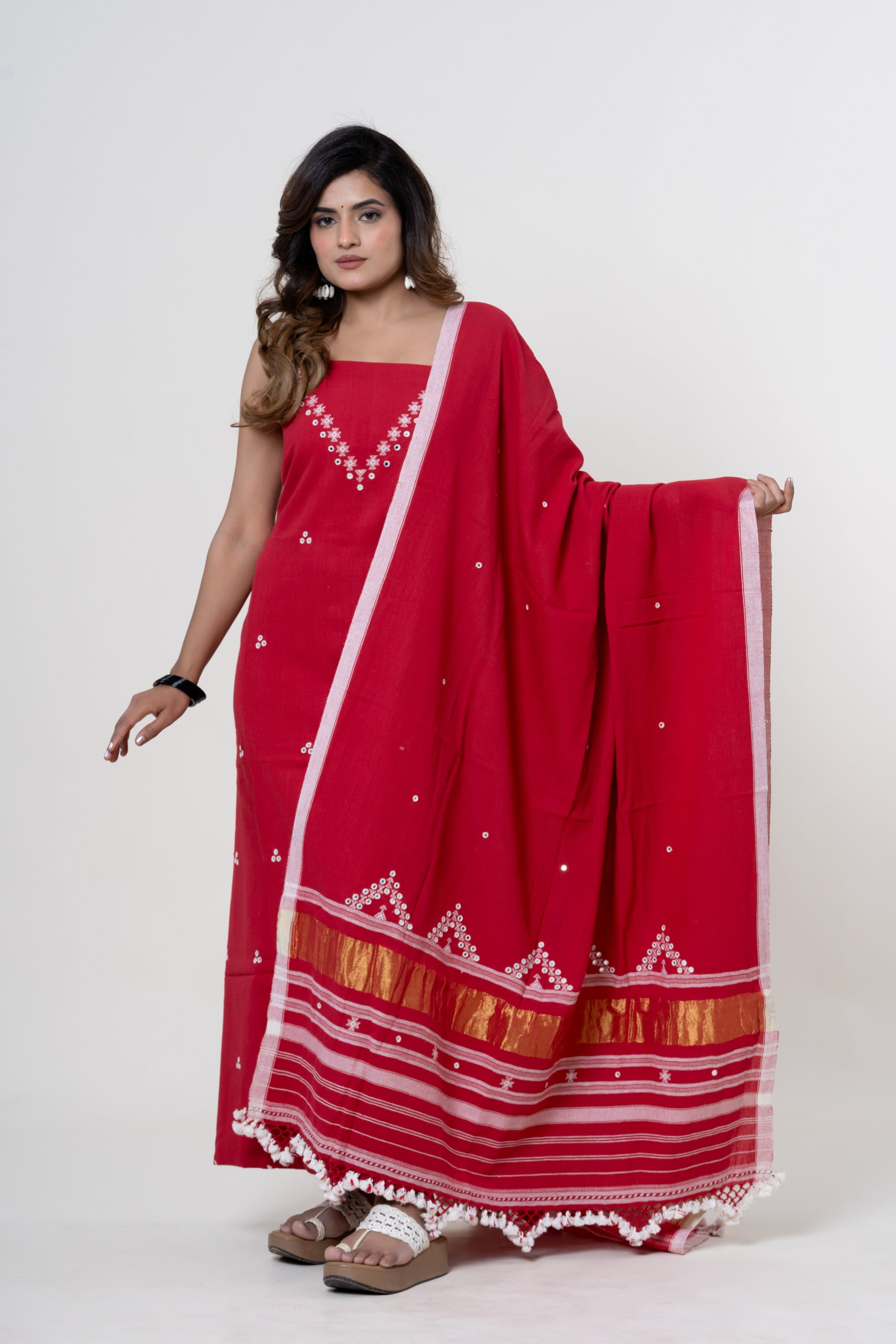 Scarlet Red Bhujodi Handloom Kala Cotton 3PC Unstitched Dress/Suit Material with White Accents