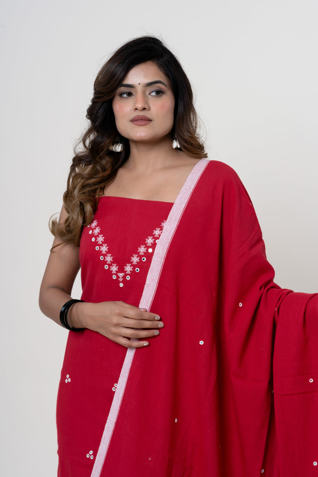 Scarlet Red Bhujodi Handloom Kala Cotton 3PC Unstitched Dress/Suit Material with White Accents