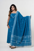 Peacock-Teal Blue Bhujodi Handloom Kala Cotton 3PC Unstitched Dress/Suit Material with White Accents