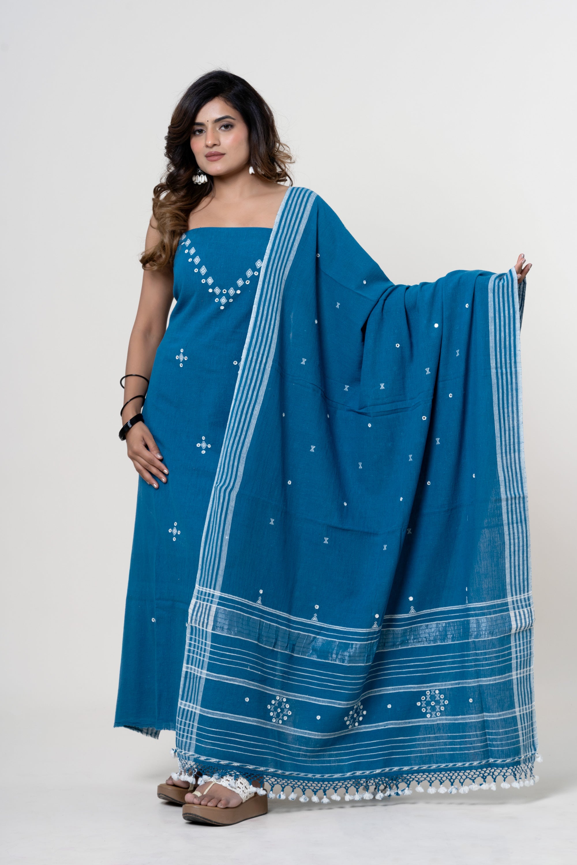 Peacock-Teal Blue Bhujodi Handloom Kala Cotton 3PC Unstitched Dress/Suit Material with White Accents