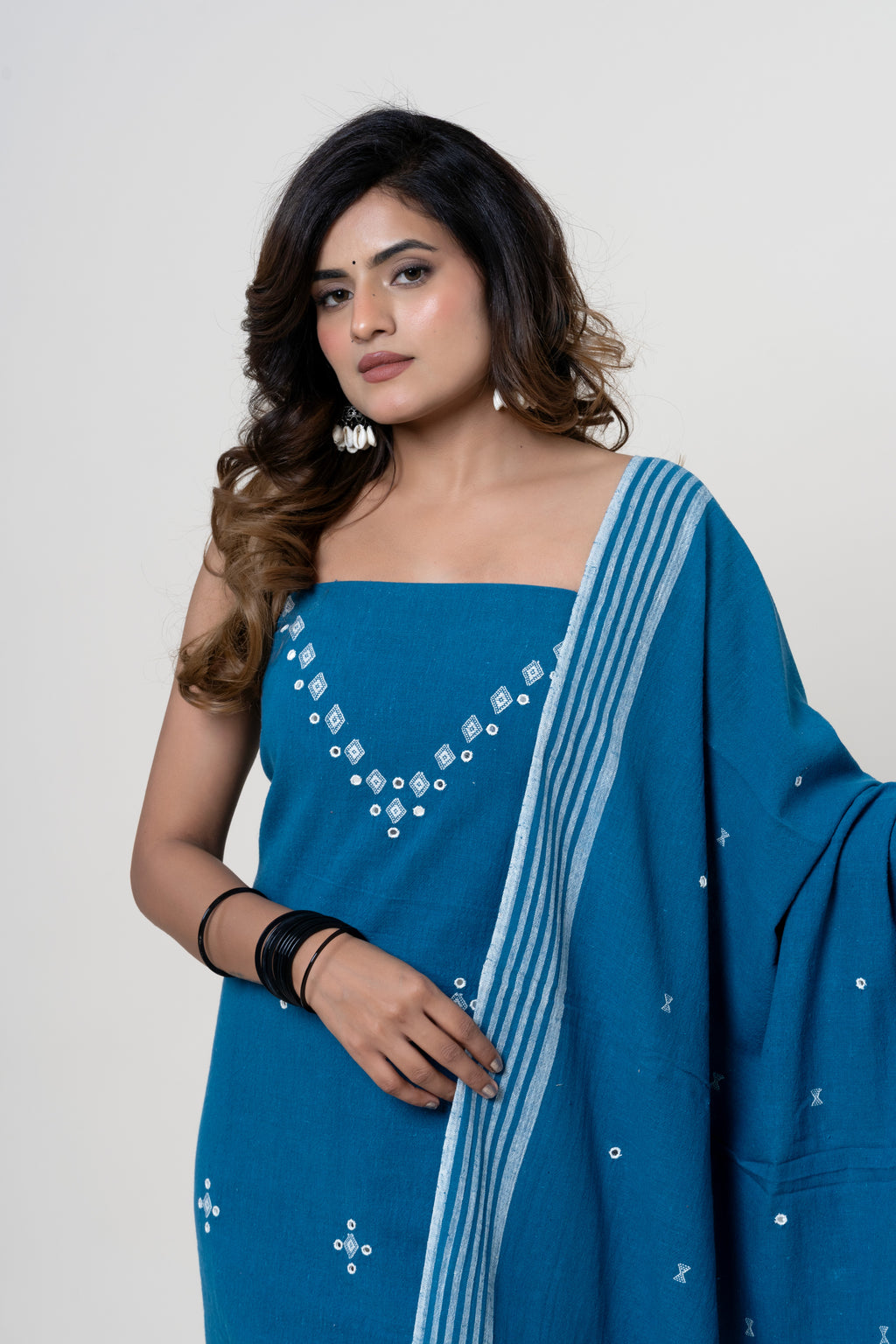Peacock-Teal Blue Bhujodi Handloom Kala Cotton 3PC Unstitched Dress/Suit Material with White Accents