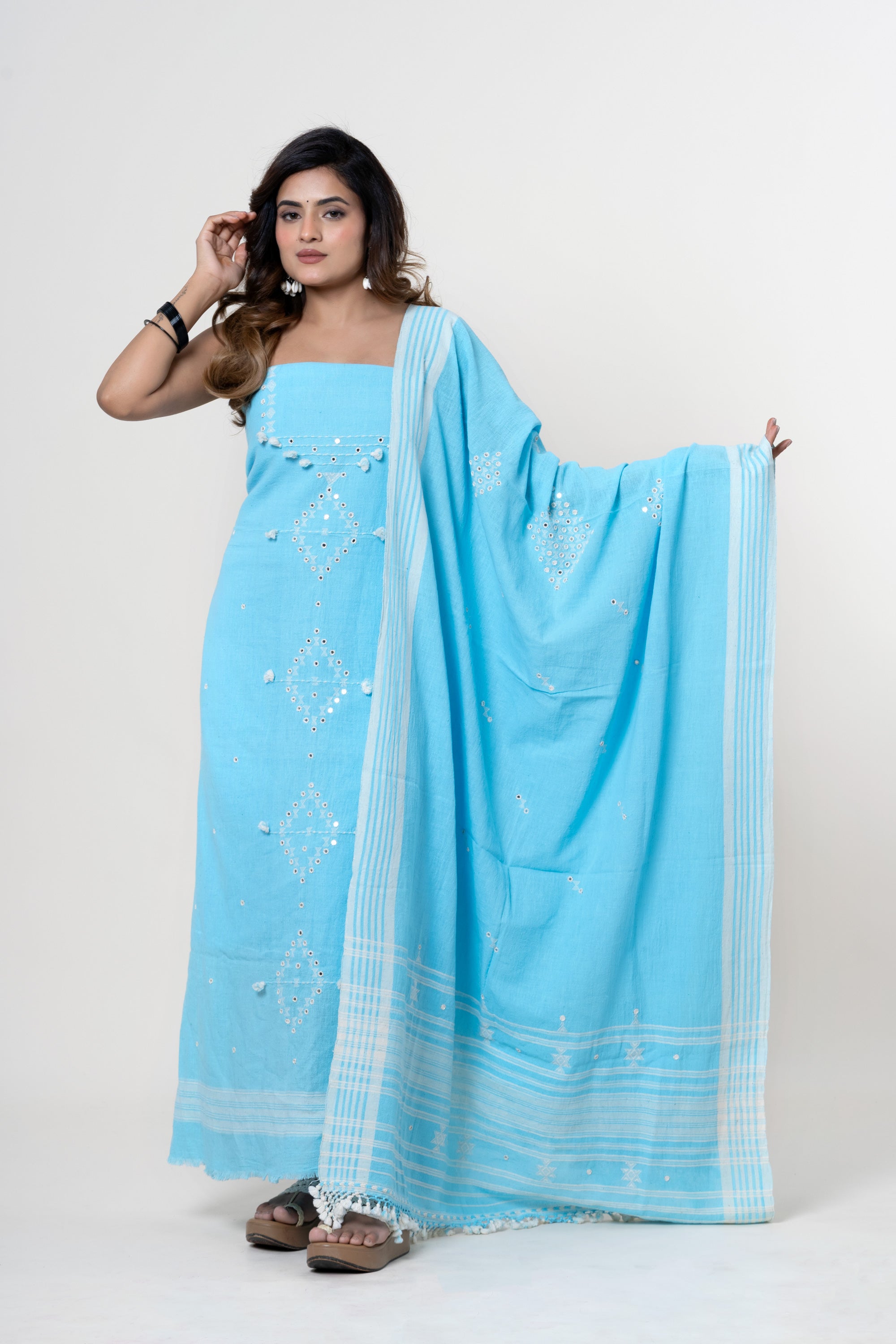 Sky Blue Bhujodi Handloom Kala Cotton 3PC Unstitched Dress/Suit Material with White Accents