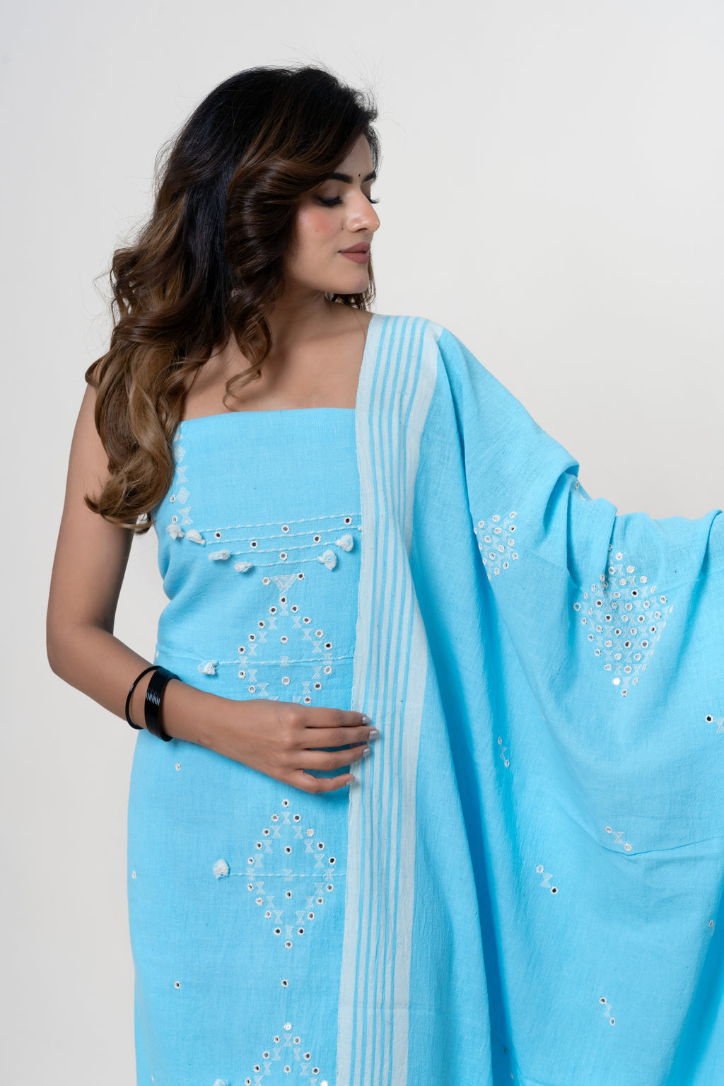 Sky Blue Bhujodi Handloom Kala Cotton 3PC Unstitched Dress/Suit Material with White Accents