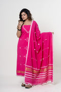 Rani Pink Bhujodi Handloom Kala Cotton 3PC Unstitched Dress/Suit Material with White Accents