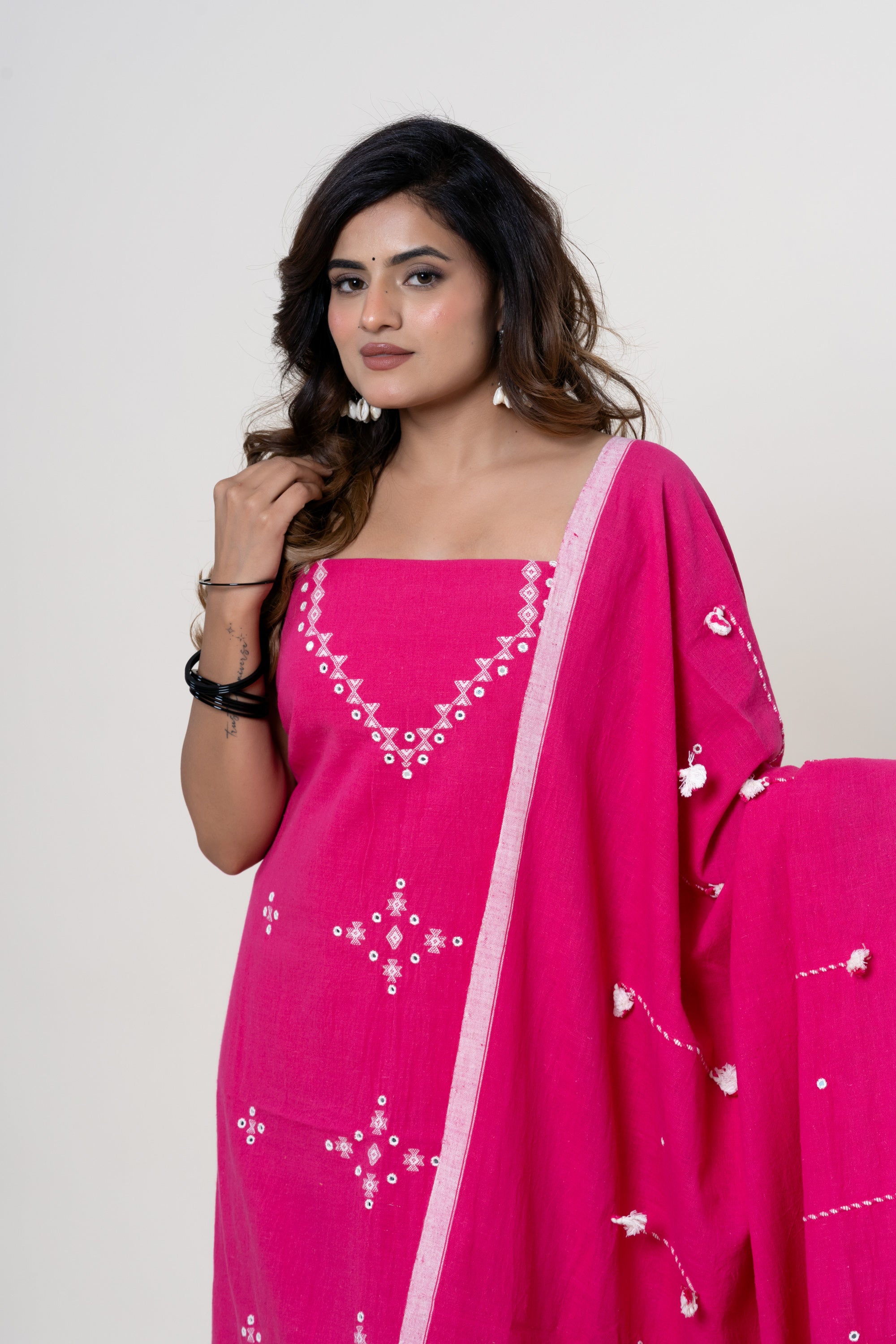 Rani Pink Bhujodi Handloom Kala Cotton 3PC Unstitched Dress/Suit Material with White Accents