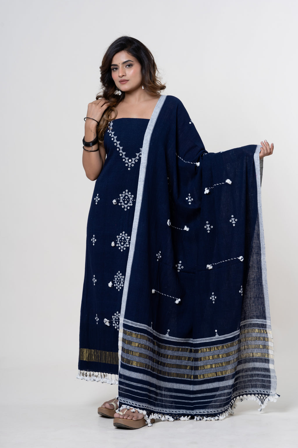 Midnight Indigo Bhujodi Handloom Kala Cotton 3PC Unstitched Dress/Suit Material with White Accents