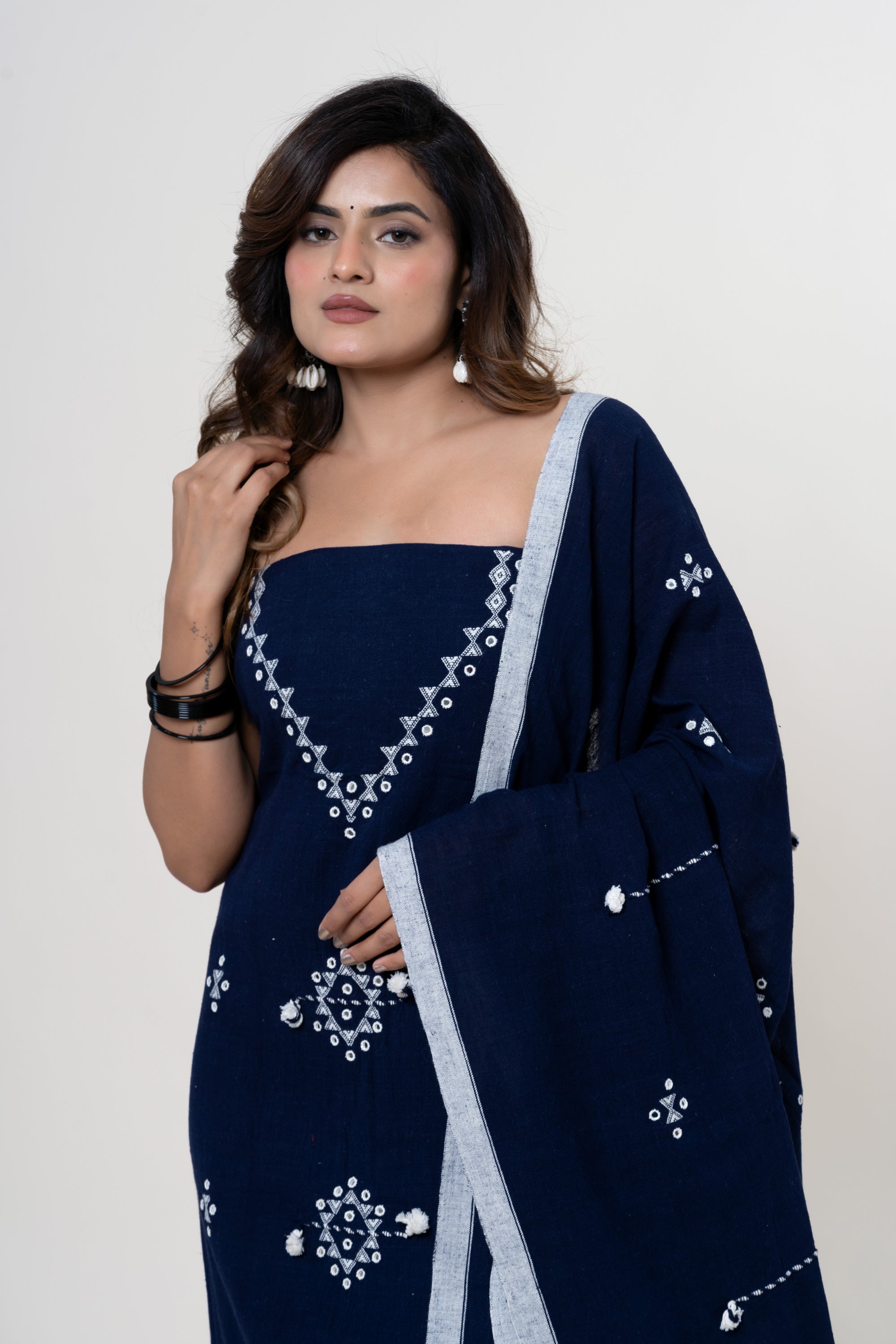 Midnight Indigo Bhujodi Handloom Kala Cotton 3PC Unstitched Dress/Suit Material with White Accents