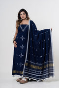 Midnight Indigo Bhujodi Handloom Kala Cotton 3PC Unstitched Dress/Suit Material with White Accents