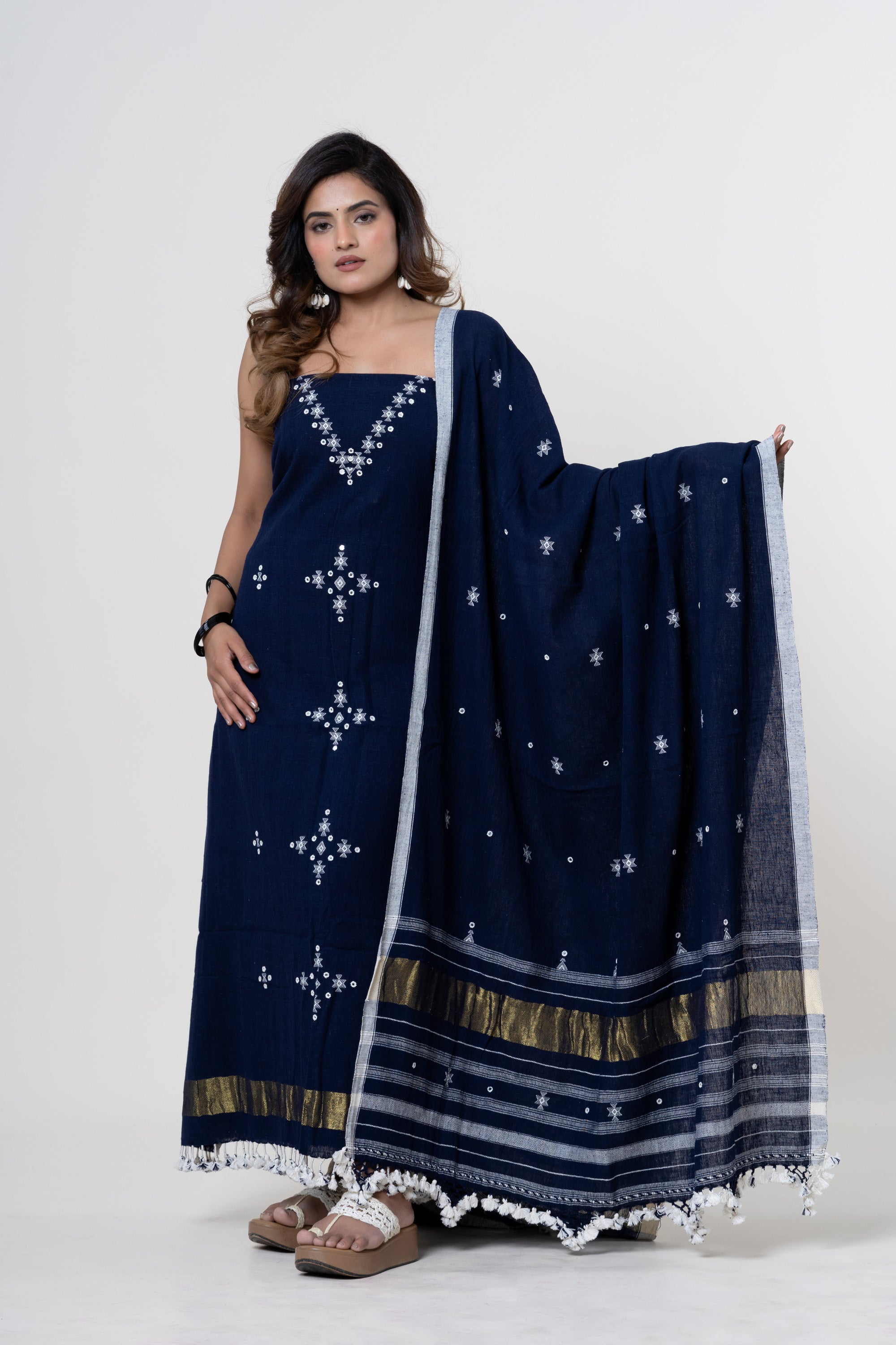 Midnight Indigo Bhujodi Handloom Kala Cotton 3PC Unstitched Dress/Suit Material with White Accents