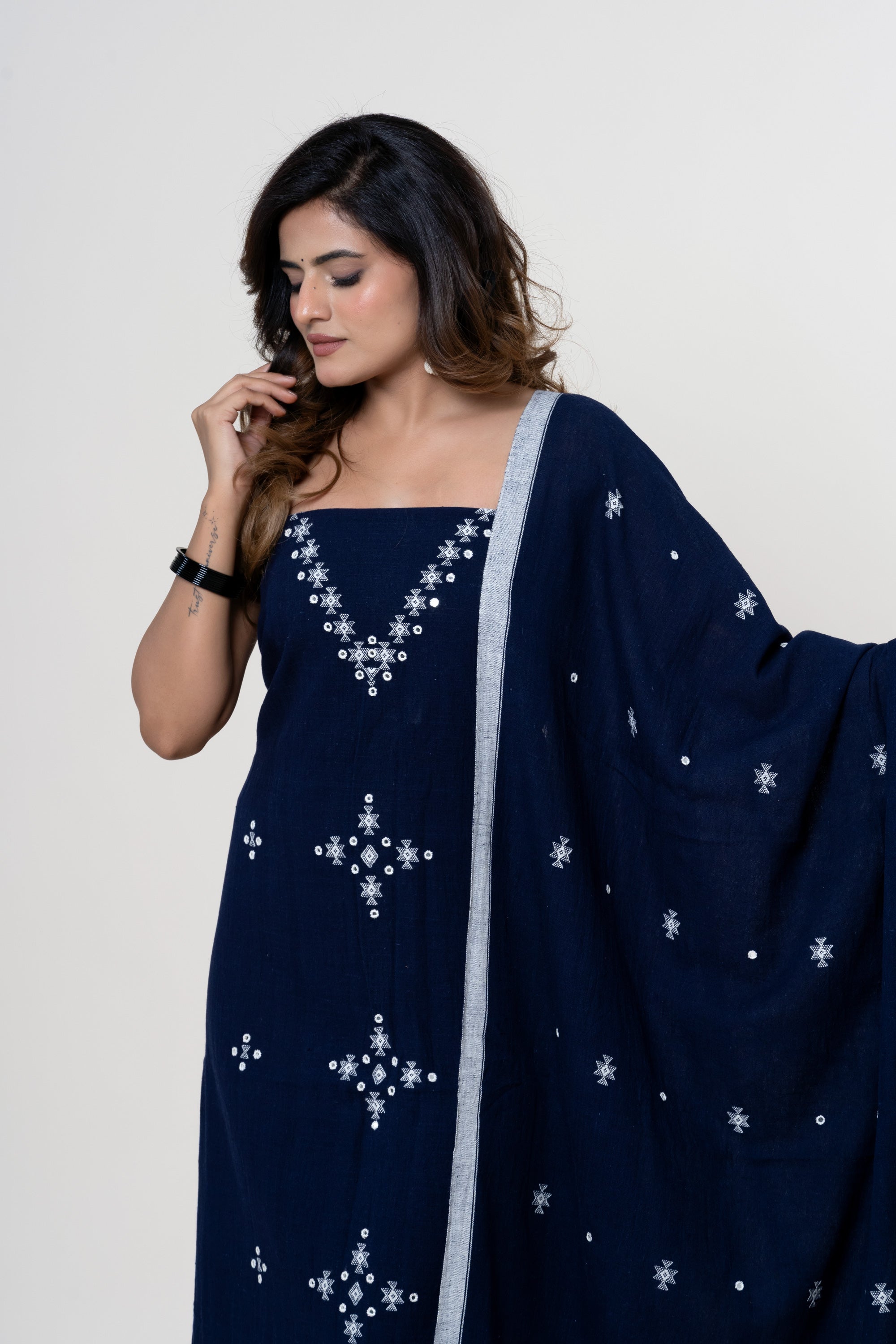 Midnight Indigo Bhujodi Handloom Kala Cotton 3PC Unstitched Dress/Suit Material with White Accents
