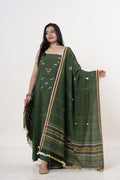 Olive Green Bhujodi Handloom Kala Cotton 3PC Unstitched Dress/Suit Material with Mustard, Maroon and White Accents