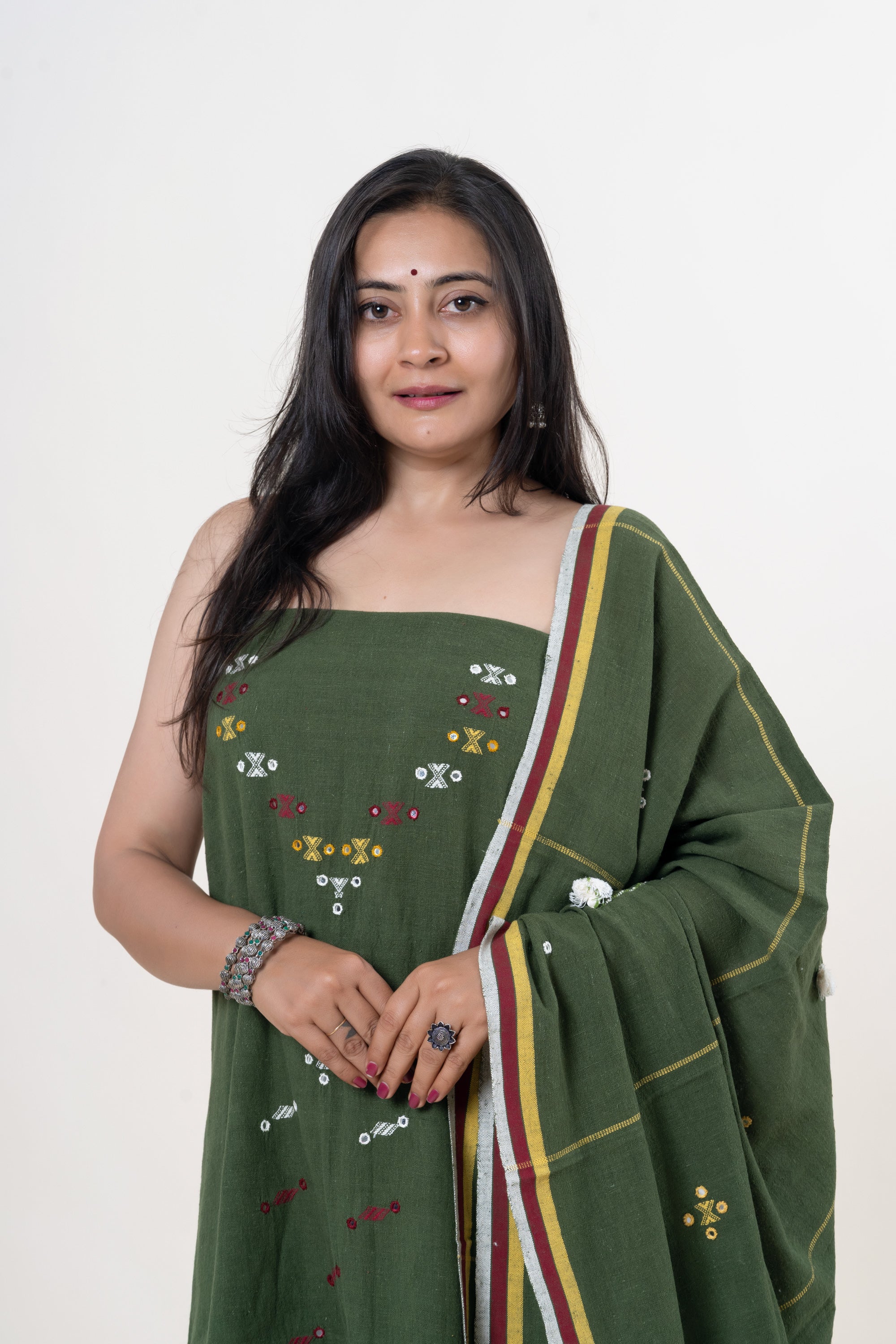 Olive Green Bhujodi Handloom Kala Cotton 3PC Unstitched Dress/Suit Material with Mustard, Maroon and White Accents
