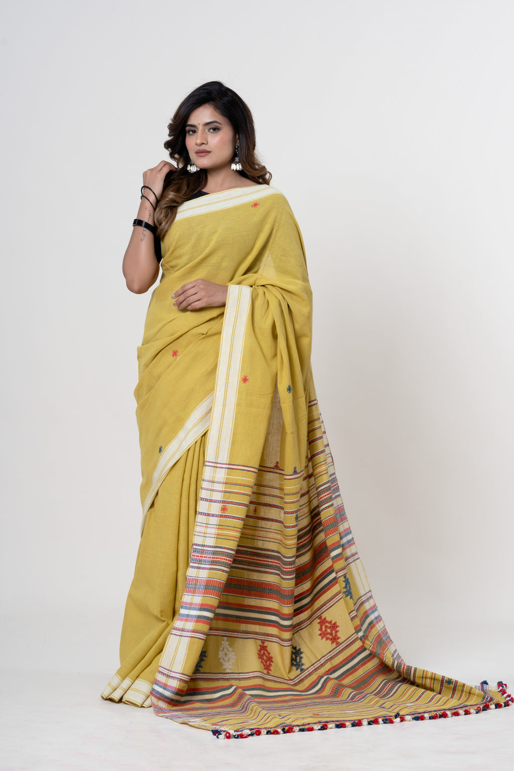 Mustard Yellow Bhujodi Handwoven Kala Cotton Saree with Multi-colored Motifs