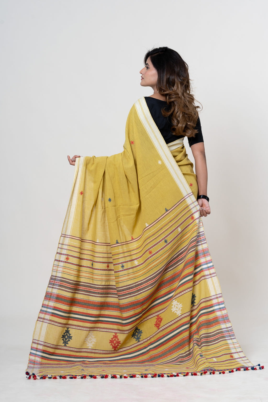 Mustard Yellow Bhujodi Handwoven Kala Cotton Saree with Multi-colored Motifs