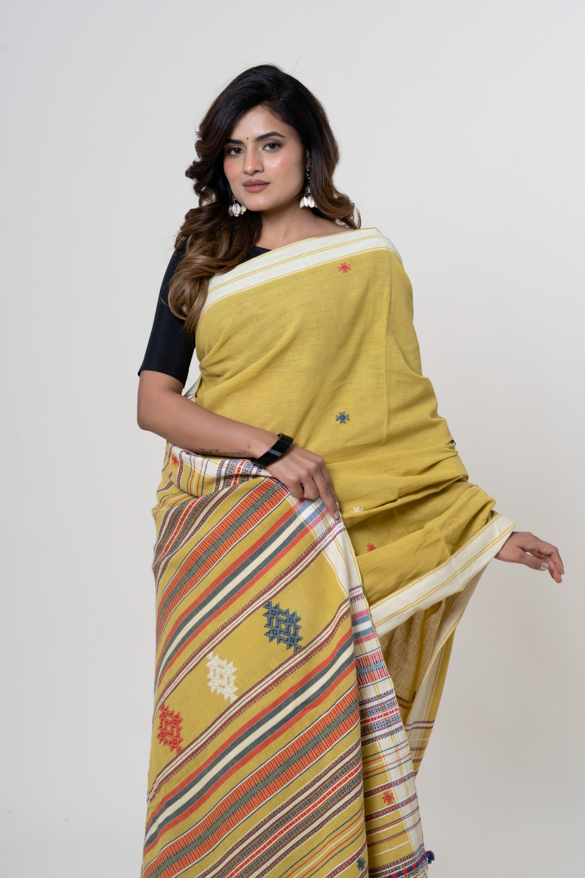 Mustard Yellow Bhujodi Handwoven Kala Cotton Saree with Multi-colored Motifs