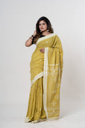 Mustard Yellow Bhujodi Handwoven Kala Cotton Saree with White Motifs and Mirror Work