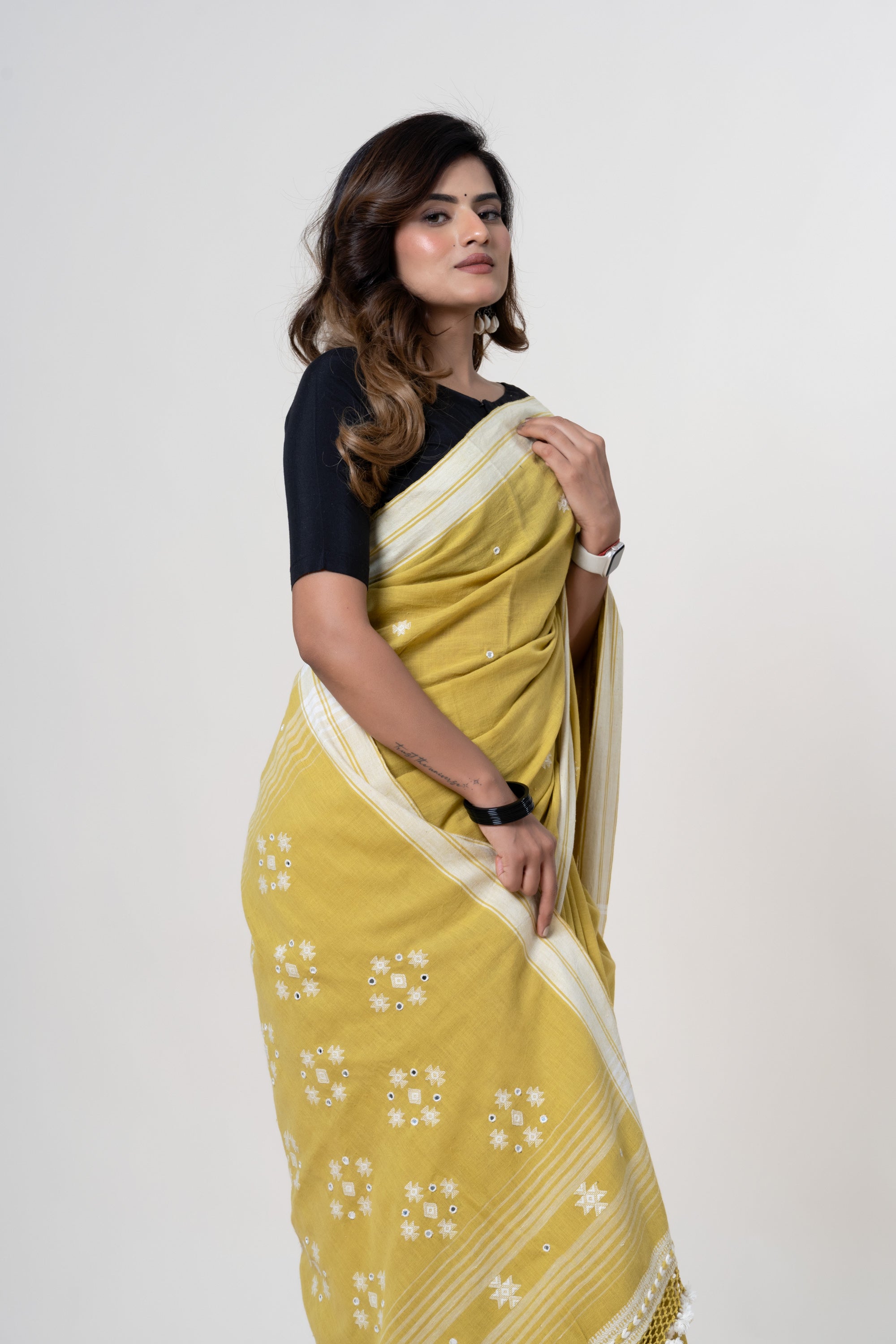 Mustard Yellow Bhujodi Handwoven Kala Cotton Saree with White Motifs and Mirror Work