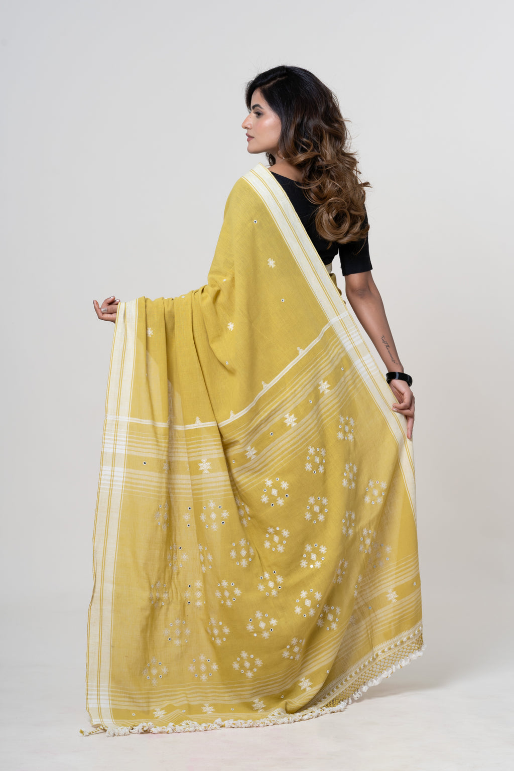 Mustard Yellow Bhujodi Handwoven Kala Cotton Saree with White Motifs and Mirror Work