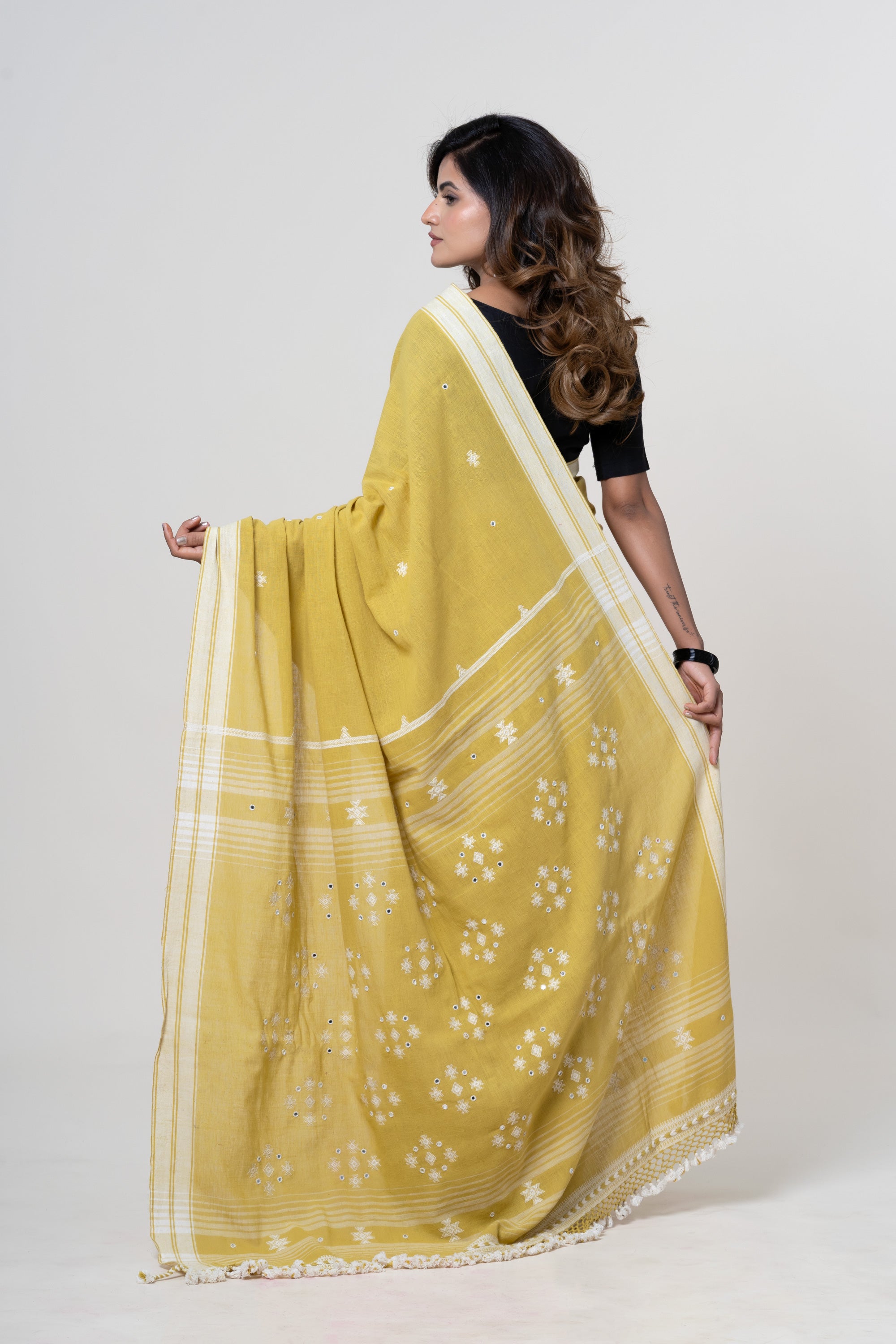 Mustard Yellow Bhujodi Handwoven Kala Cotton Saree with White Motifs and Mirror Work