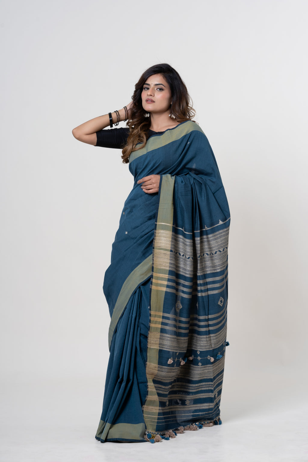Deep Teal Blue Bhujodi Handwoven Tussar Silk Saree with Beige/Gold Motifs