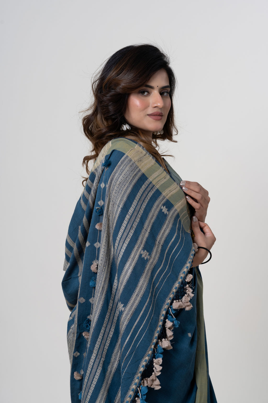 Deep Teal Blue Bhujodi Handwoven Tussar Silk Saree with Beige/Gold Motifs