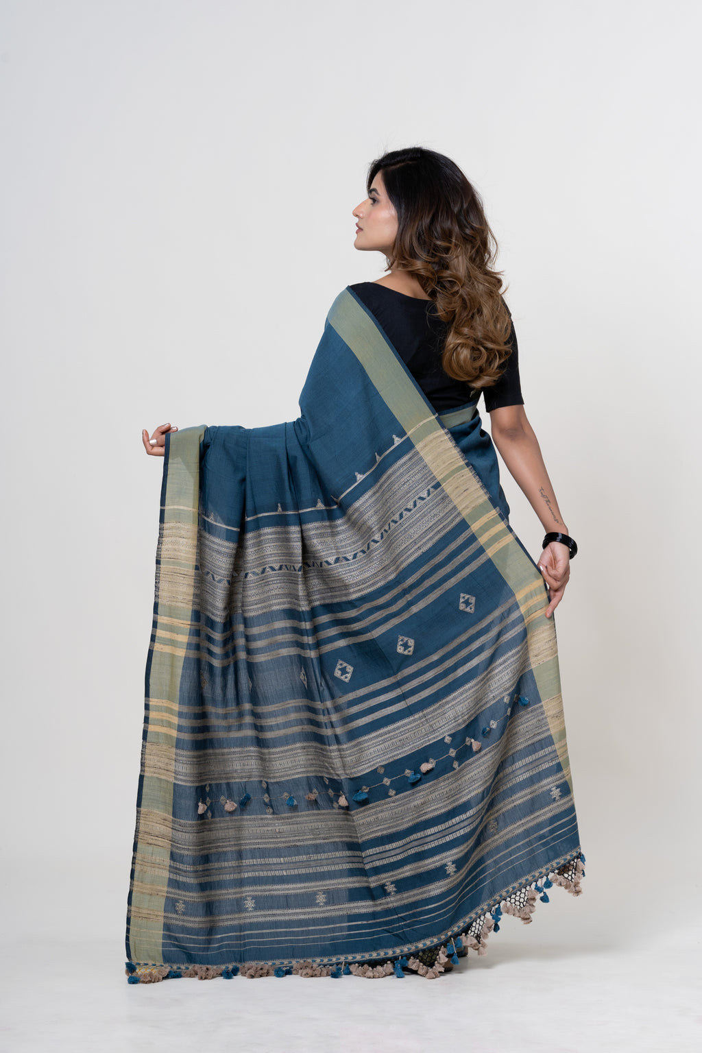 Deep Teal Blue Bhujodi Handwoven Tussar Silk Saree with Beige/Gold Motifs